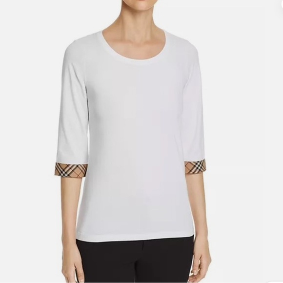 Burberry Brit Scoop Neck White Top with Nova Check Cuffs